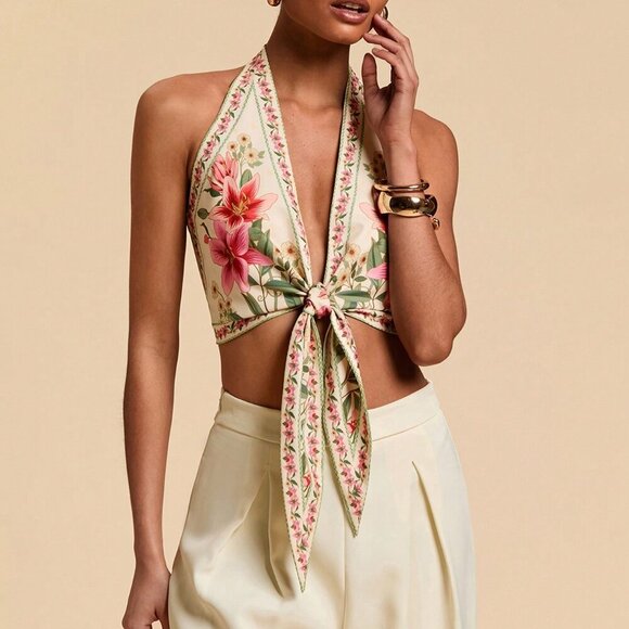 Multicolor Boho Women's Halter Neck Floral Print Blouse - Picture 4 of 7